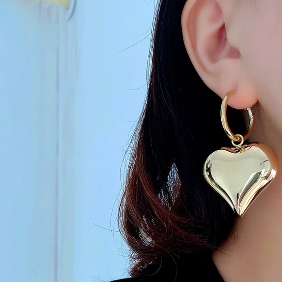 Gold & Silver Color Solid Heart Pendant Hoop Dangle Earrings - Picture 2 of 9